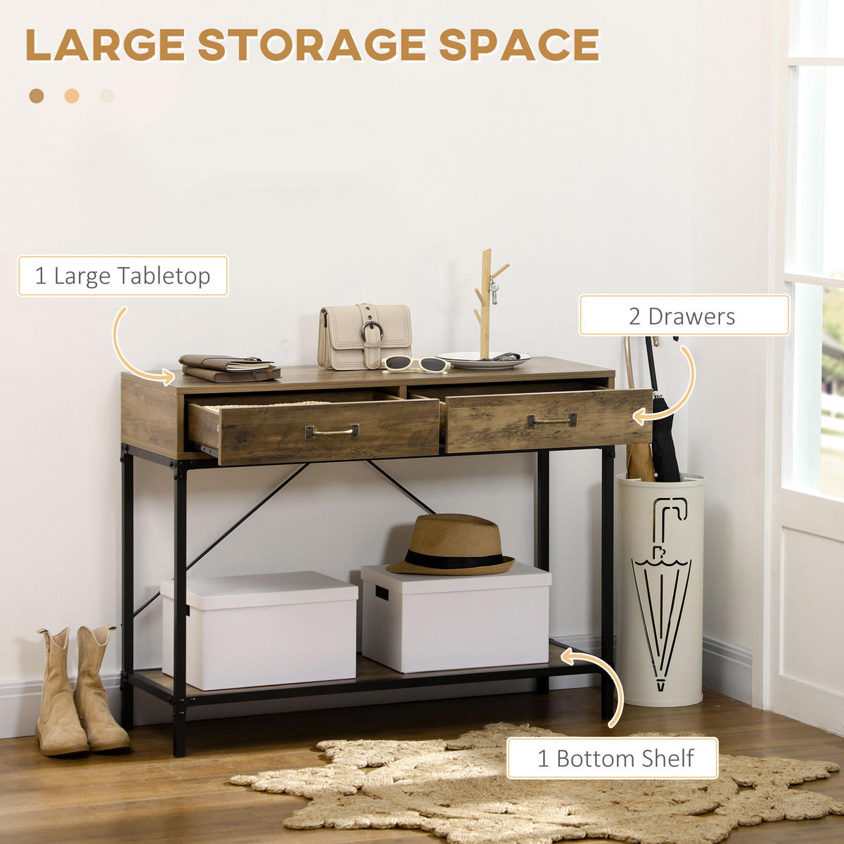 KONSOLENTISCH 100/35/76,5 cm Vintage Braun mit 2 Schubladen und Unterregal - Braun, Holzwerkstoff (35/100/76.5cm) - OKWISH