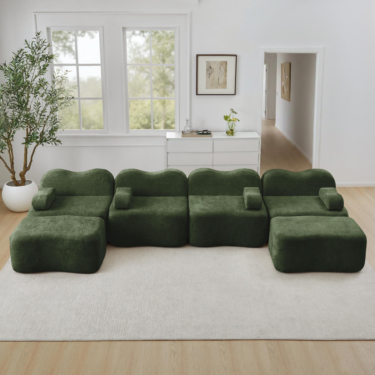ECKSOFA mit Wellenform, Samtbezug und 2 Hockern, Grün - Grün, Textil (384/167cm) - Redom