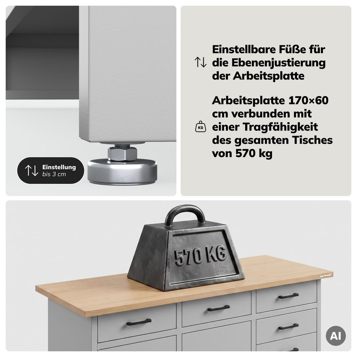 WERKBANK HENRY 1700 x 850 x 600 mm - Grau, Metall (170/85/60cm) - Jan Nowak