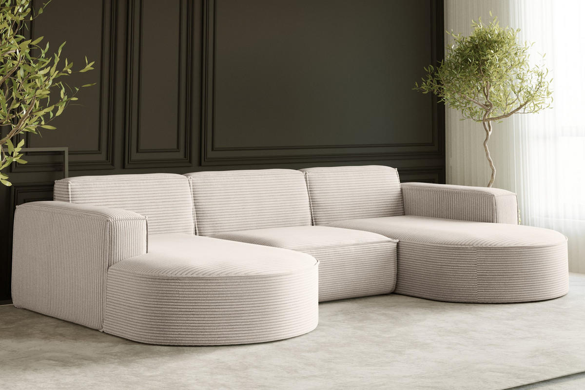 ECKSOFA Designer MODENA U STUDIO Stoff Dicker Cord Beige - Beige, Holz (165/299cm) - Kaiser Möbel