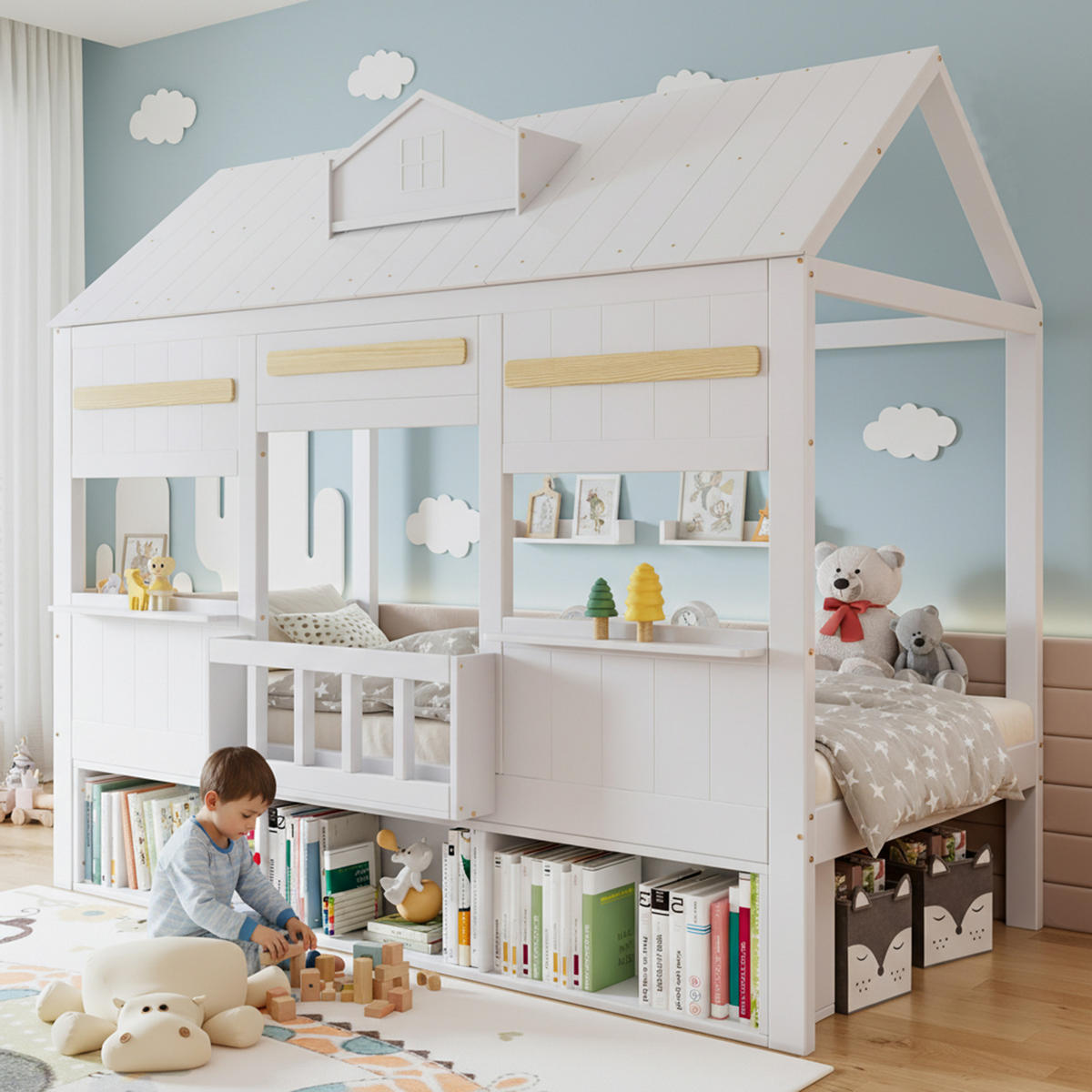 HAUSBETT 90x200 cm mit einer Reihe Bücherregal in Weiß - Weiß, Holz (90/200cm) - KOMHTOM