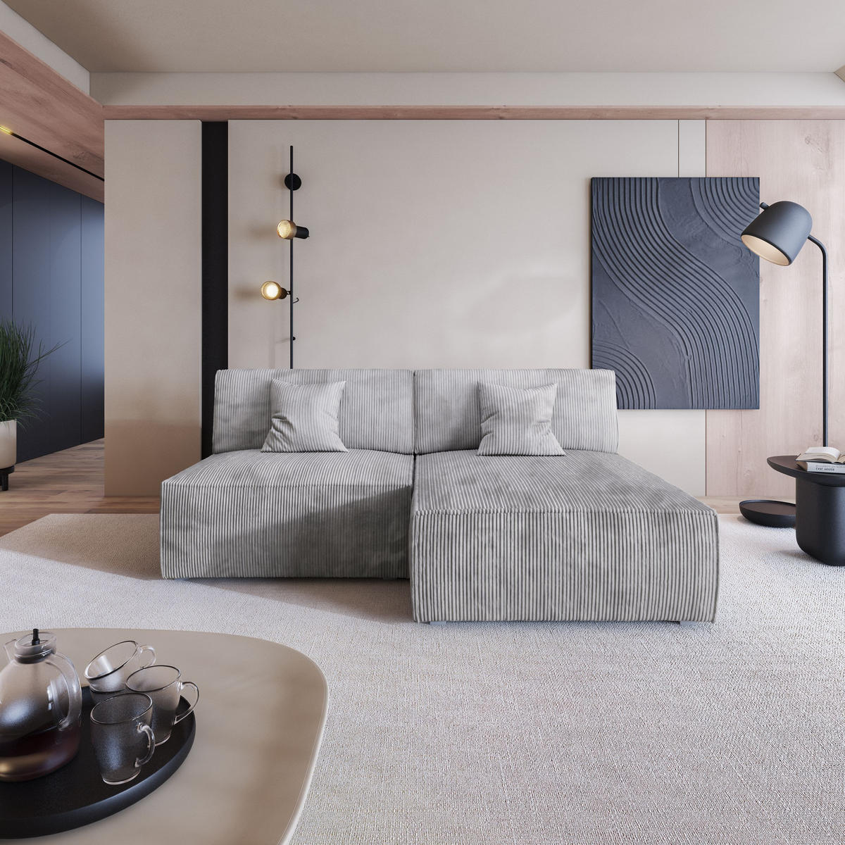 ECKSOFA FIORO P Hellgrau Kordstoff mit Schlaffunktion - Hellgrau/Grau, Holz/Kunststoff (204/148cm) - MASSENO