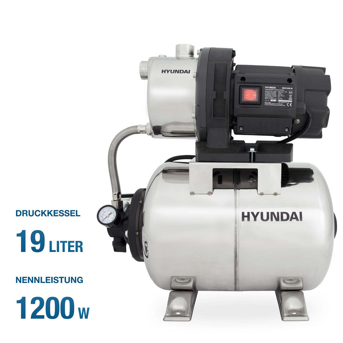 HAUSWASSERWERK HWW12050-IN (1200W, INOX-Kessel, 5.000 l/h, Förderhöhe max. 50m, Ansaughöhe max. 8m) - Silberfarben, Metall (27.5/51.4/48.1cm) - HYUNDAI