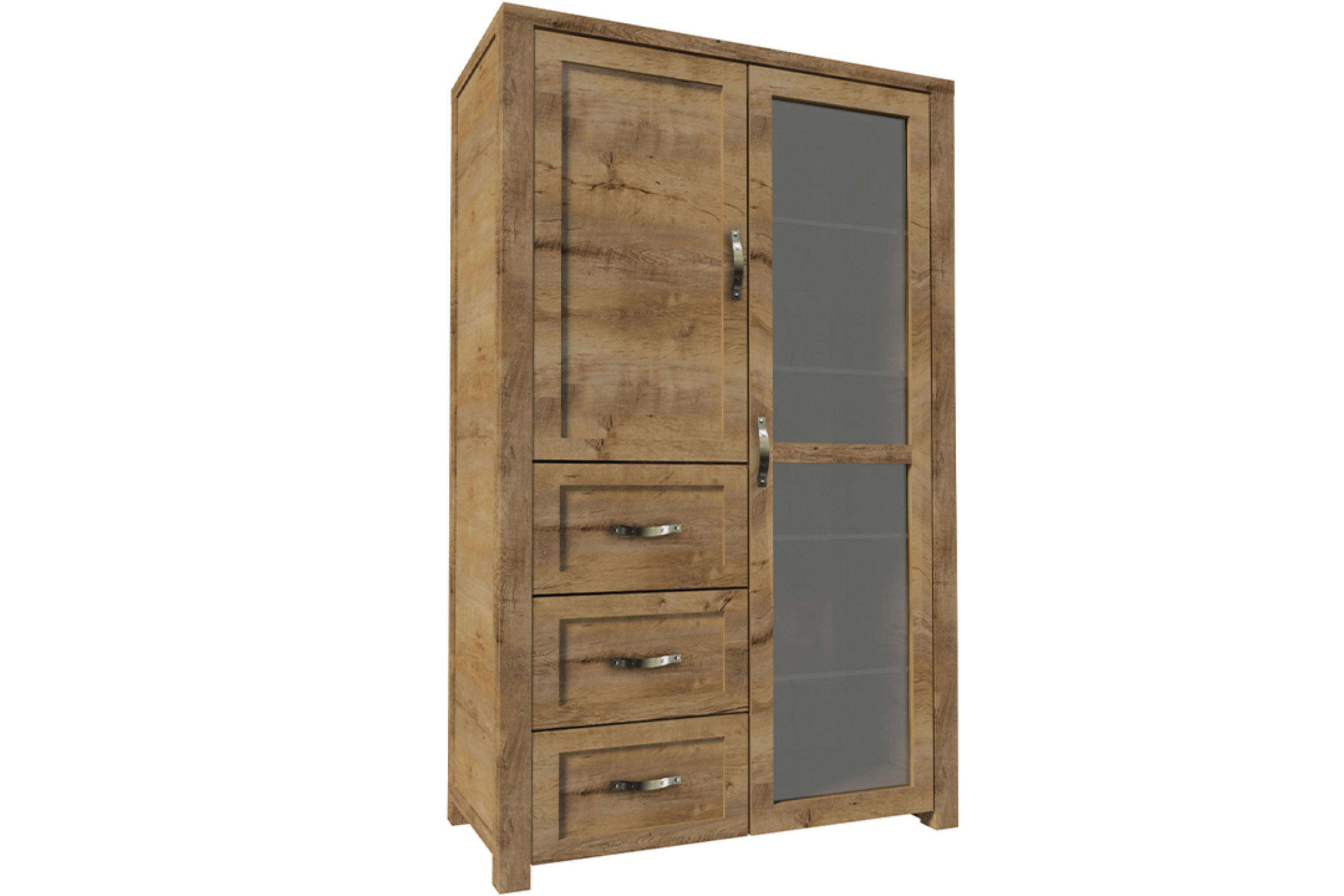 VITRINENSCHRANK RABO mit Glastür und Schubladen, Lefkas Eiche - Eichefarben/Braun, Holz (115/186/44cm) - KONSIMO®