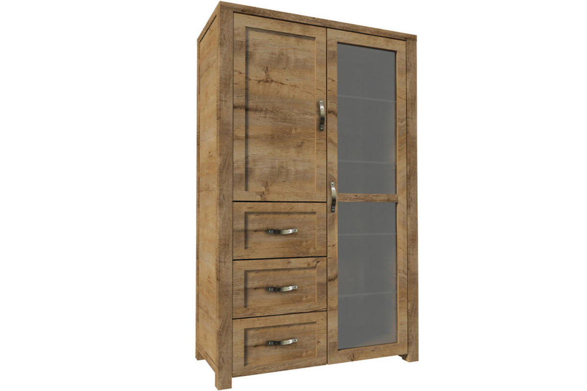 VITRINENSCHRANK RABO mit Glastür und Schubladen, Lefkas Eiche - Eichefarben/Braun, Holz (115/186/44cm) - KONSIMO®