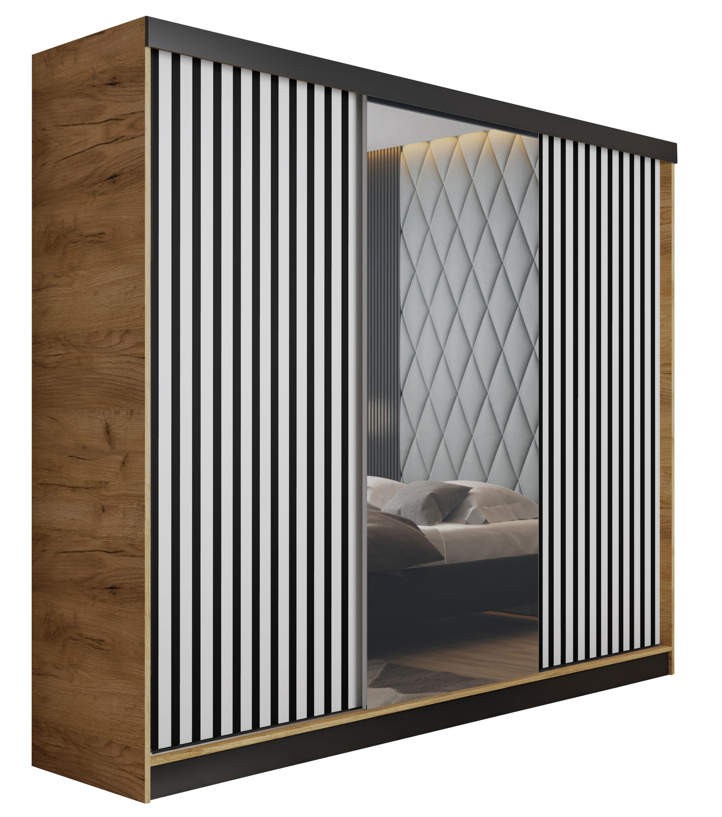 Kier Furniture POSUVNÁ ŠATNÍ SKŘÍŇ MALANI - Dub Craft a Bílá 200x205x59 cm