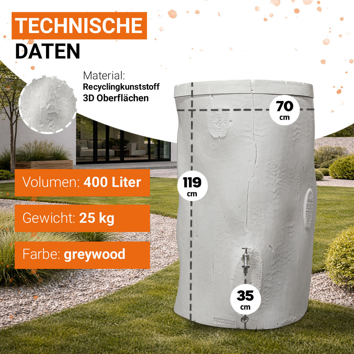 STOCK Regentonne 400 L, grey - Grau, Kunststoff (72/119/72cm) - GARANTIA