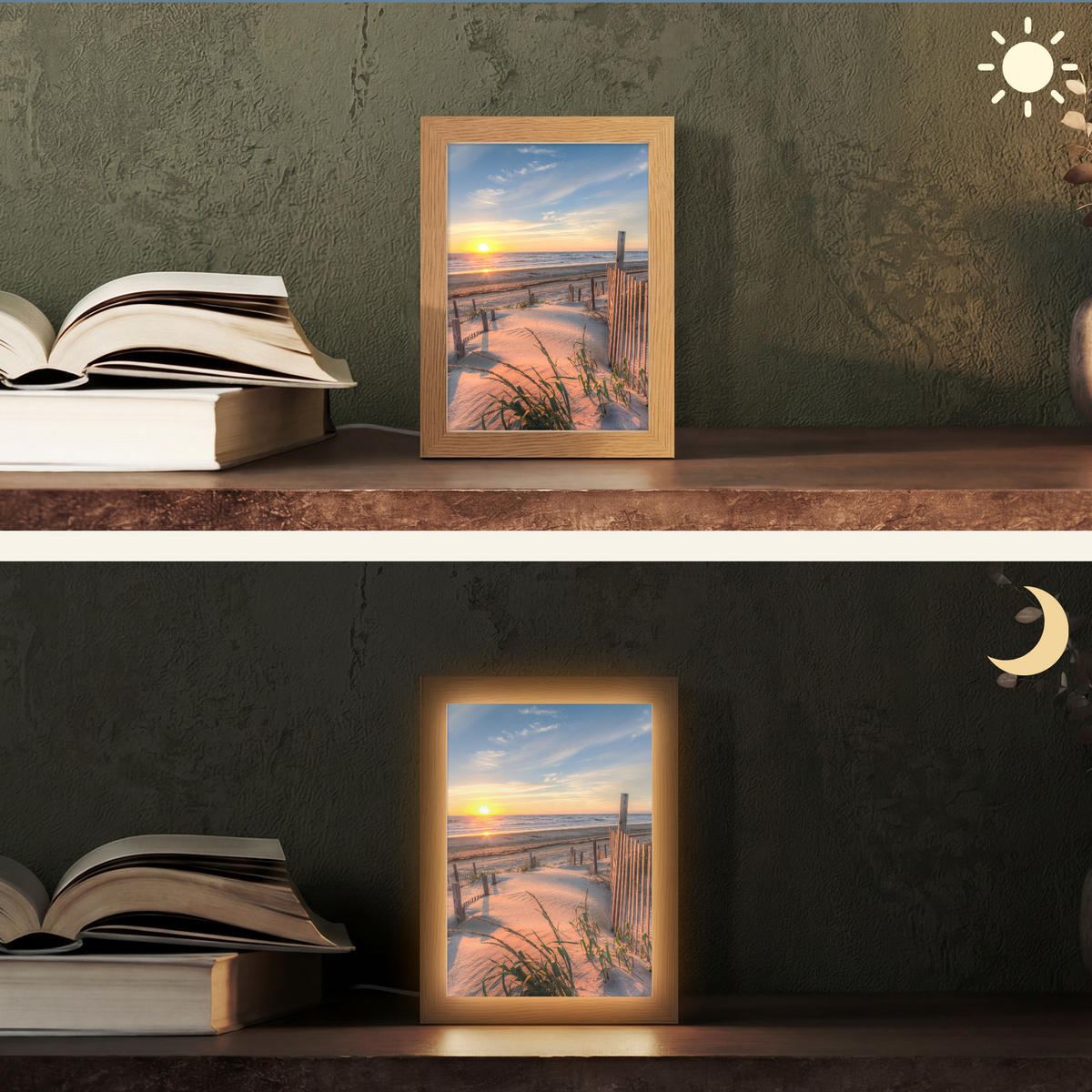 TISCHLEUCHTE Strand - Meer - Düne - Sonnenuntergang - Landschaft 15x20 cm - Creme, Holzwerkstoff (8/15/20cm) - OnlyWow