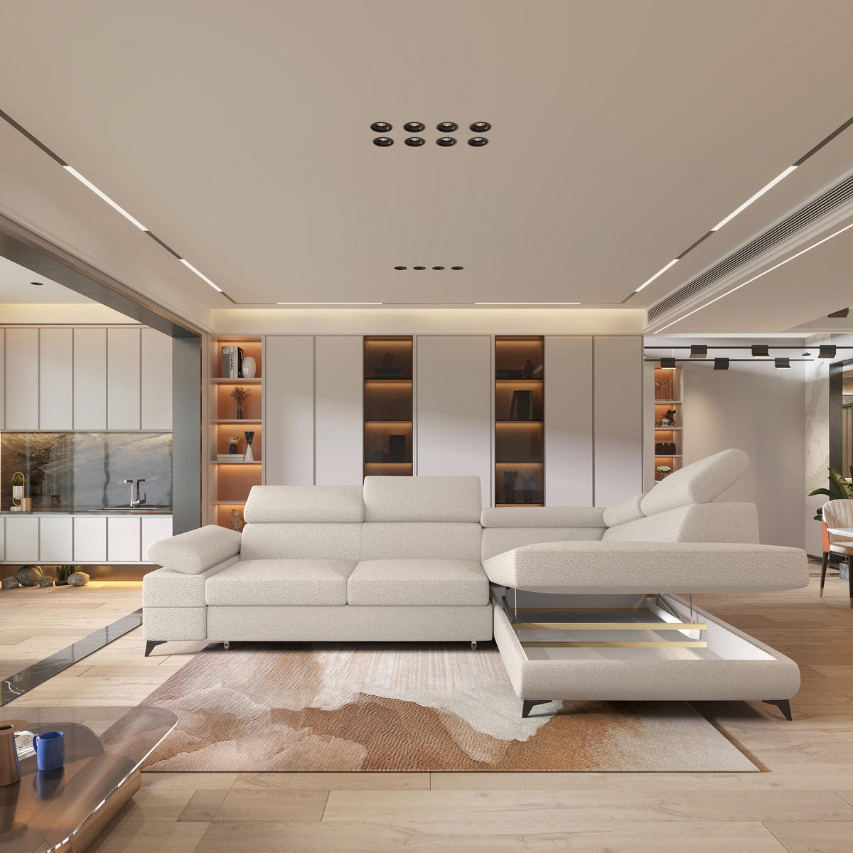 ECKSOFA FAVIEN R-S Creme Boucle-Stoff mit Schlaffunktion - Creme, Holz (257/190cm) - MASSENO