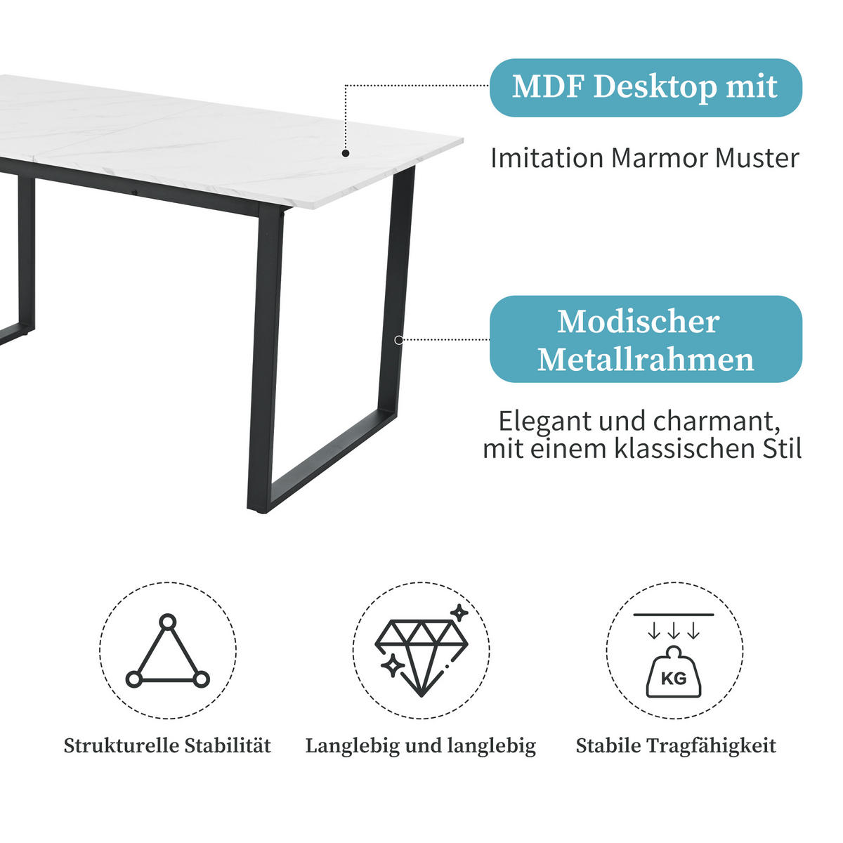 ESSTISCH, MDF mit Marmoroptik & Metallgestell, ausziehbar 140/180/80/75 cm, Weiß - Weiß, Holzwerkstoff (140/80/75cm) - Redom