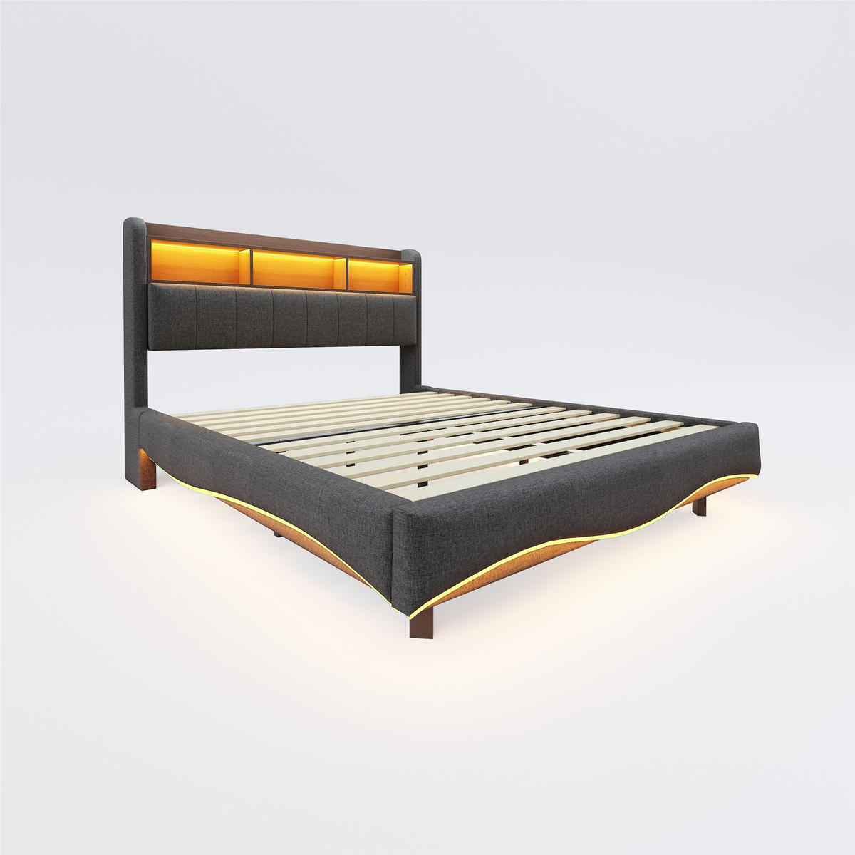 POLSTERBETT 140/200 cm grau mit Stauraum, LED-Beleuchtung und USB- sowie Type-C-Anschlüssen - Grau, Textil (140/200cm) - OKWISH