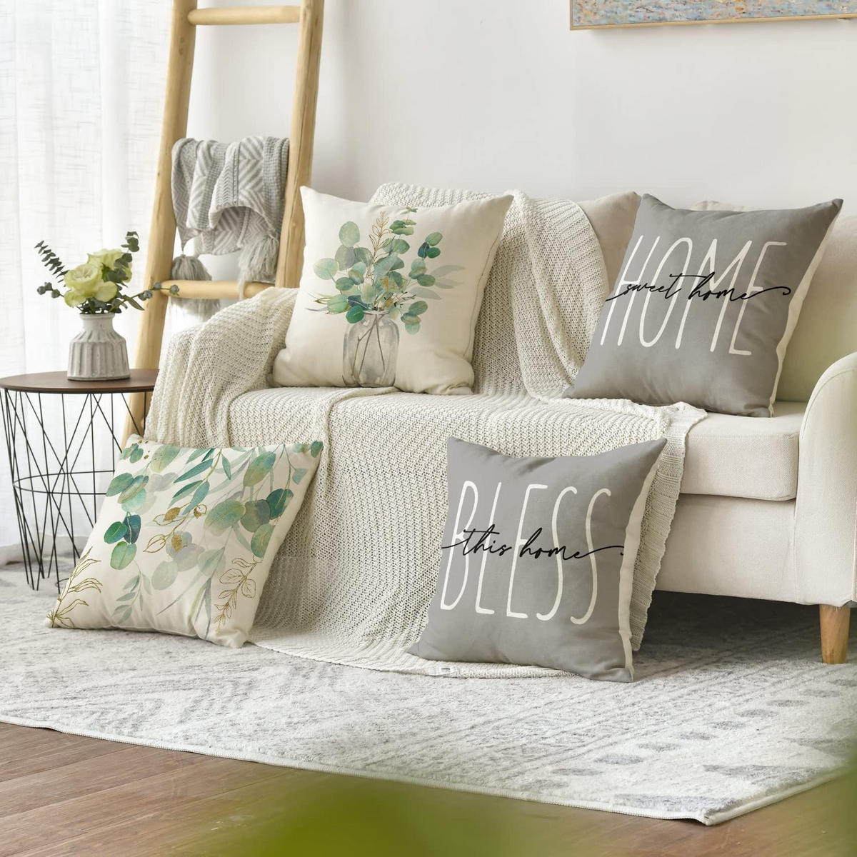 KISSENHÜLLE 4er Set, Eukalyptus Gold, Leinen, Warm Home, 45x45cm - Beige, Textil (45/45cm) - Authentics