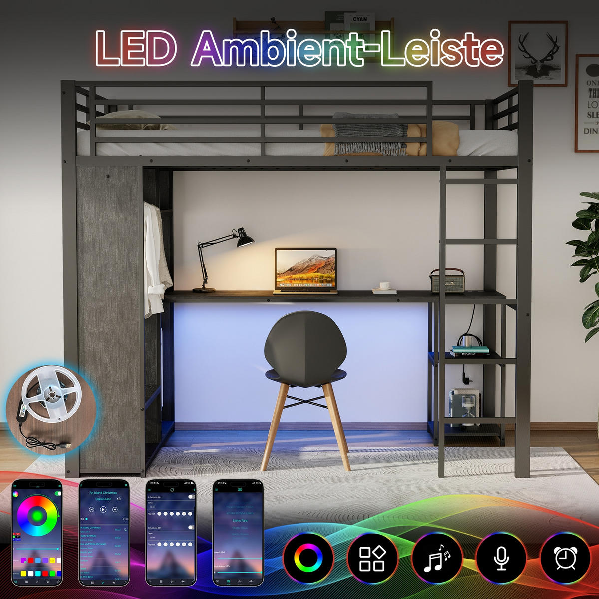 HOCHBETT 90/200 cm Schwarz mit LED-Lichtleiste, Schreibtisch und Offener Kleiderschrank - Schwarz, Metall (90/200cm) - Oxeza