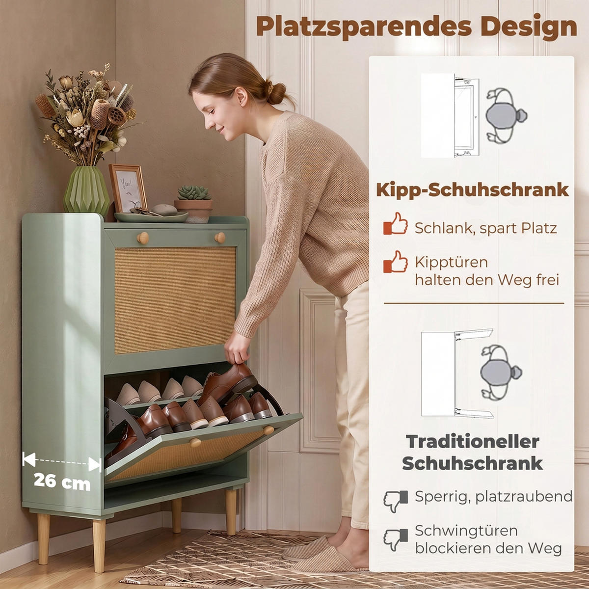 SCHUHSCHRANK MDF Hellgrün - Naturfarben/Hellgrün, Holz/Holzwerkstoff (26/101/80cm) - HOMCOM