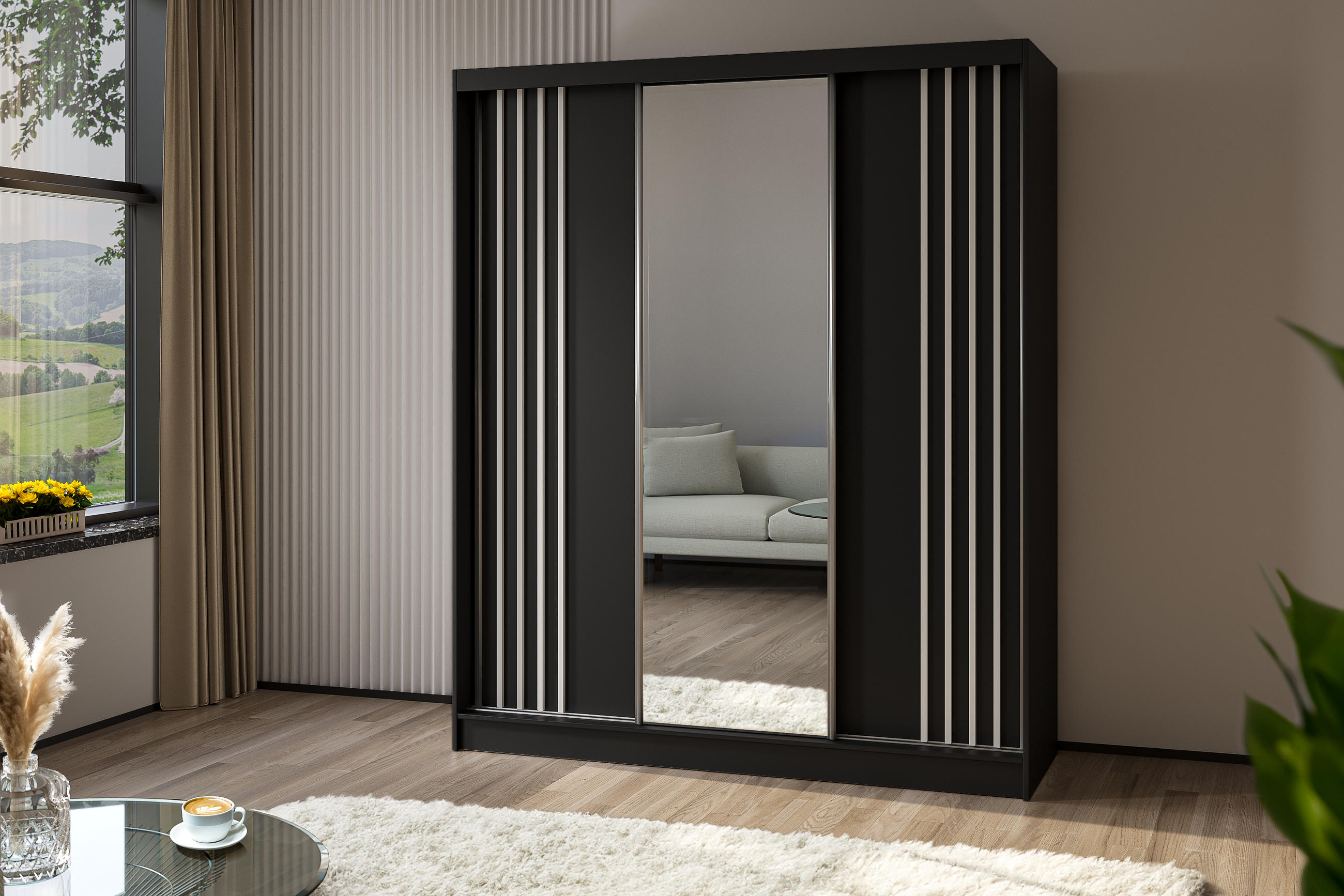 KLEIDERSCHRANK mit Spiegel-Schiebetüren und Aluminium-Leisten - NALLA - 180 cm Schwarz+Schwarz+Weiß - Schwarz/Weiß, Holzwerkstoff (180/216/61cm) - ALTDECOR