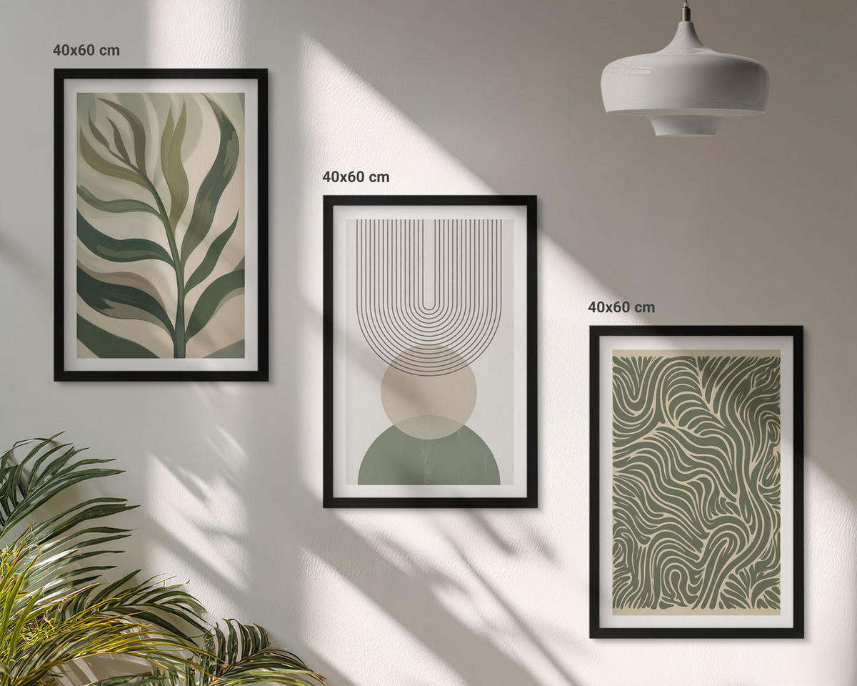 BILDER SET 3er Set - 40x60 cm Schwarzer Rahmen - Geometrische Blattformen - Schwarz, Kunststoff (40/60cm) - TULUP