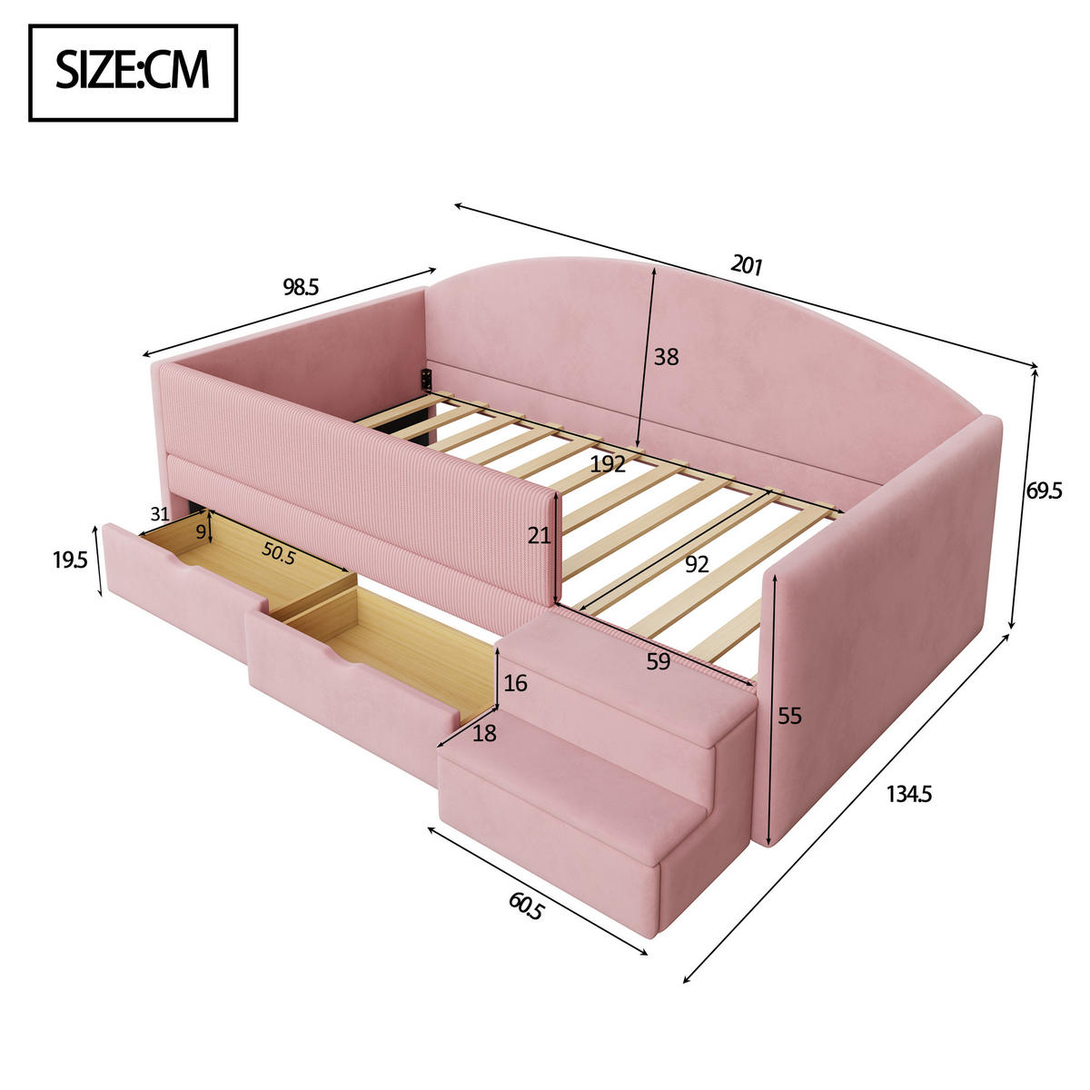 KINDERBETT 90/190 cm in Rosa Samt mit 2 Schubladen und Stufen - Rosa, Holzwerkstoff/Textil (90/190cm) - WISHDOR