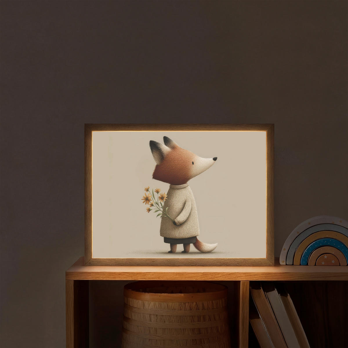 DOBÍJECÍ NOČNÍ LAMPIČKA Liška - Žluté květy - Minimalistický 40x30 cm - šedohnědá, kompozitní dřevo (8/40/30cm) - OnlyWow
