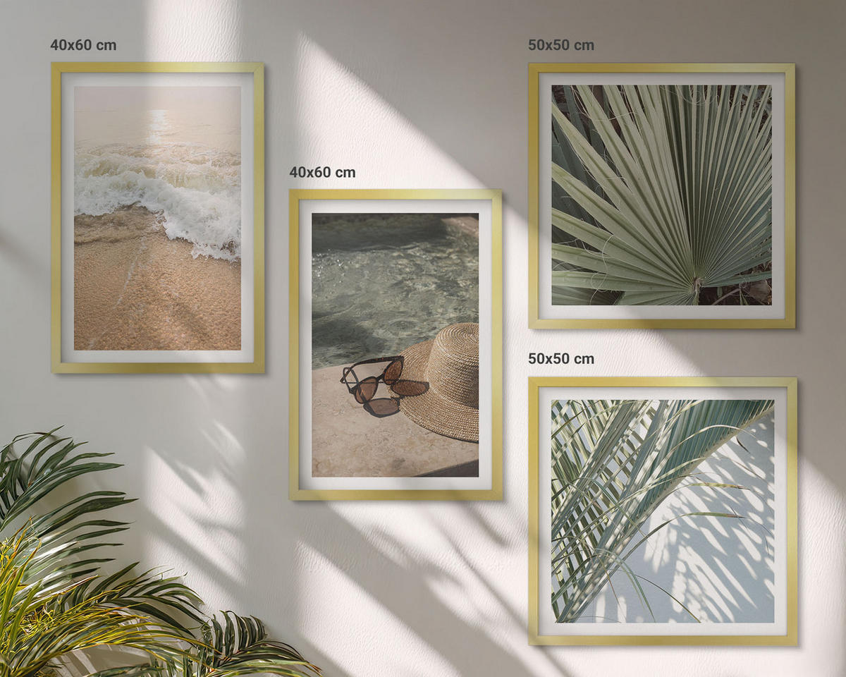 WANDBILDER 4er Set - 50x50 cm & 40x60 cm Goldrahmen - Strandhut und Sonnenbrille - Goldfarben, Kunststoff (50/50cm) - ArtPrintCave