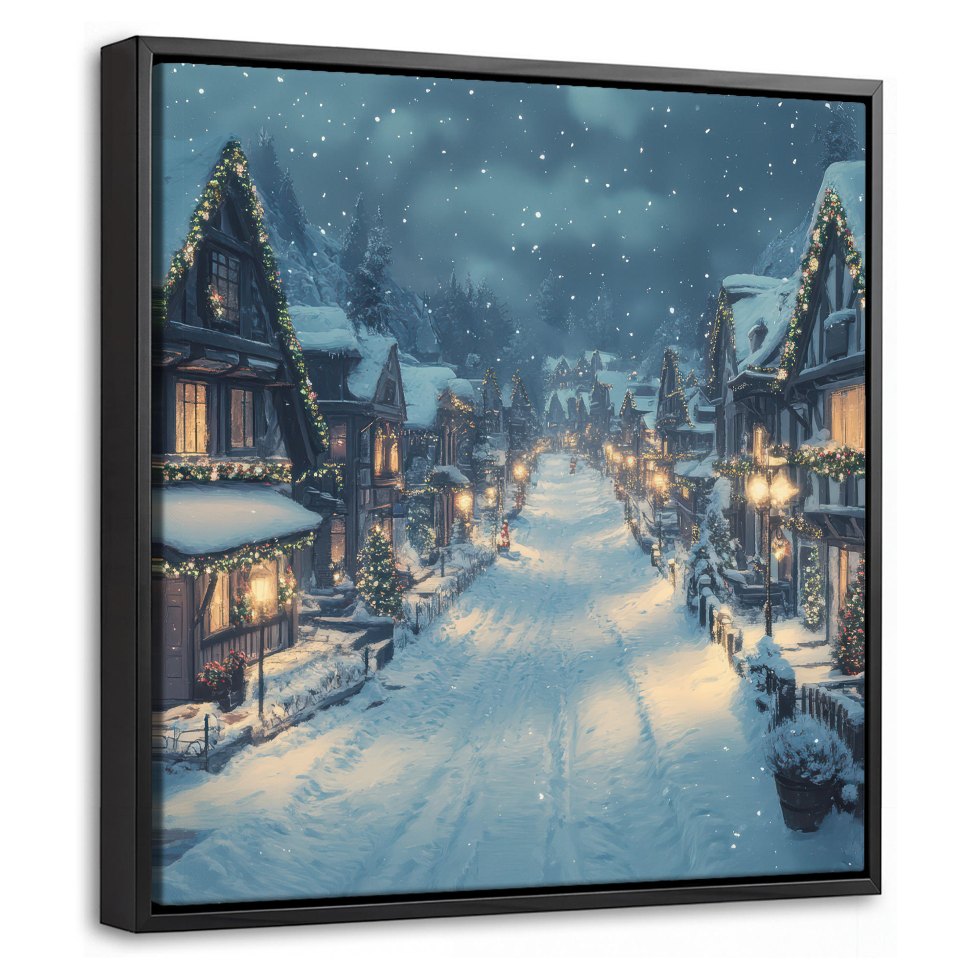 LEINWAND Bilder mit Rahmen - Weihnachtsdorf - Weihnachten - Schnee - Winter - 20x20 - Dunkelblau, Textil (20/20cm) - MuchoWow