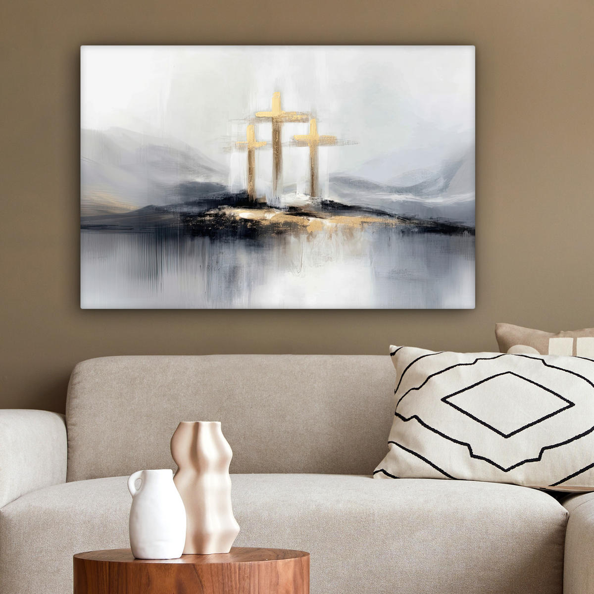 LEINWANDBILD Abstrakt - Malerei - Christentum - Kreuz Wanddeko 90x60 cm - Weiß, Textil (90/60cm) - MuchoWow