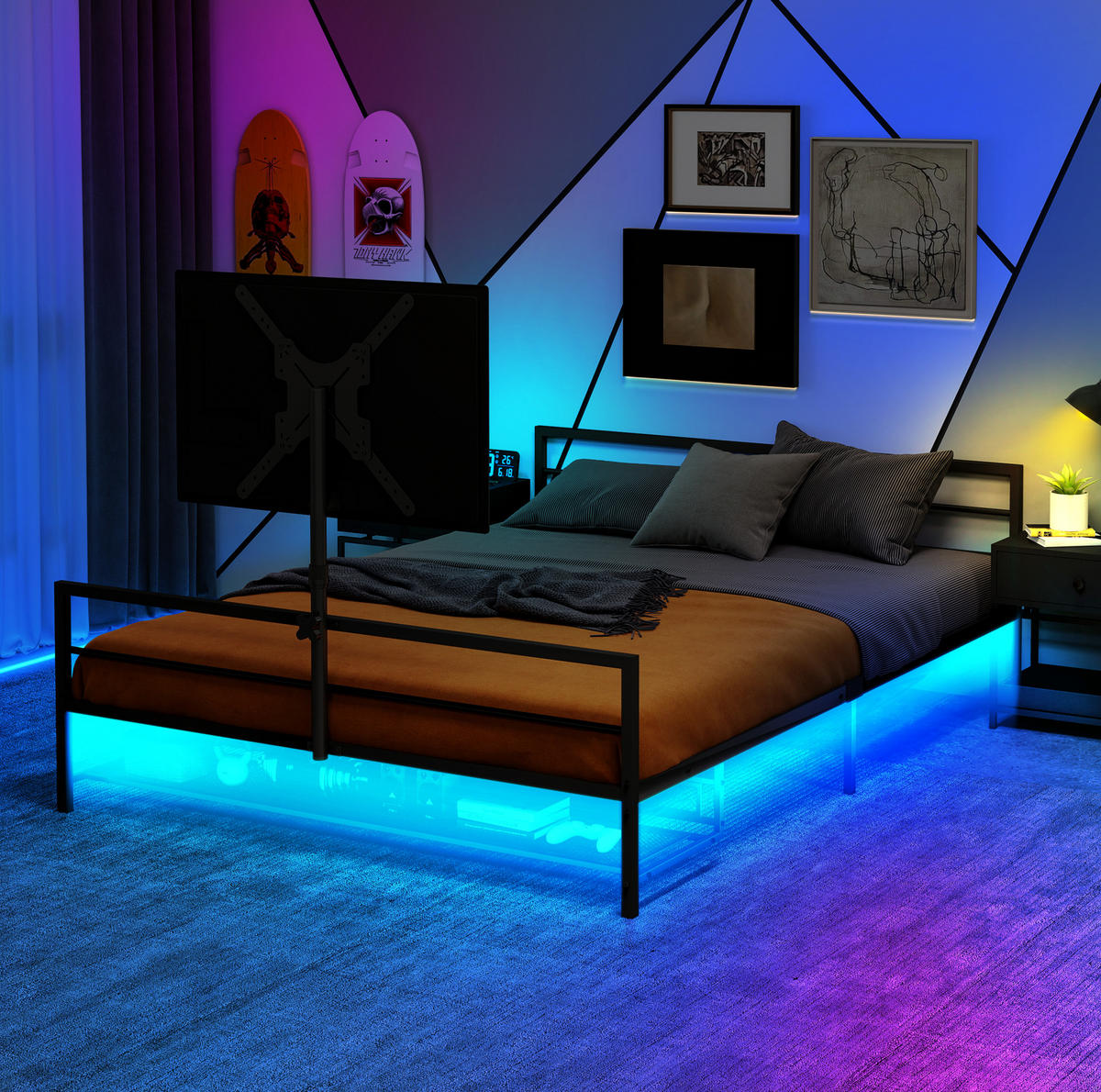 METALNI krevet 206 cm s LED osvjetljenjem, podesivim nosačem i spremišnim košaricama, Crna - crna, metal (90/200cm) - Redom