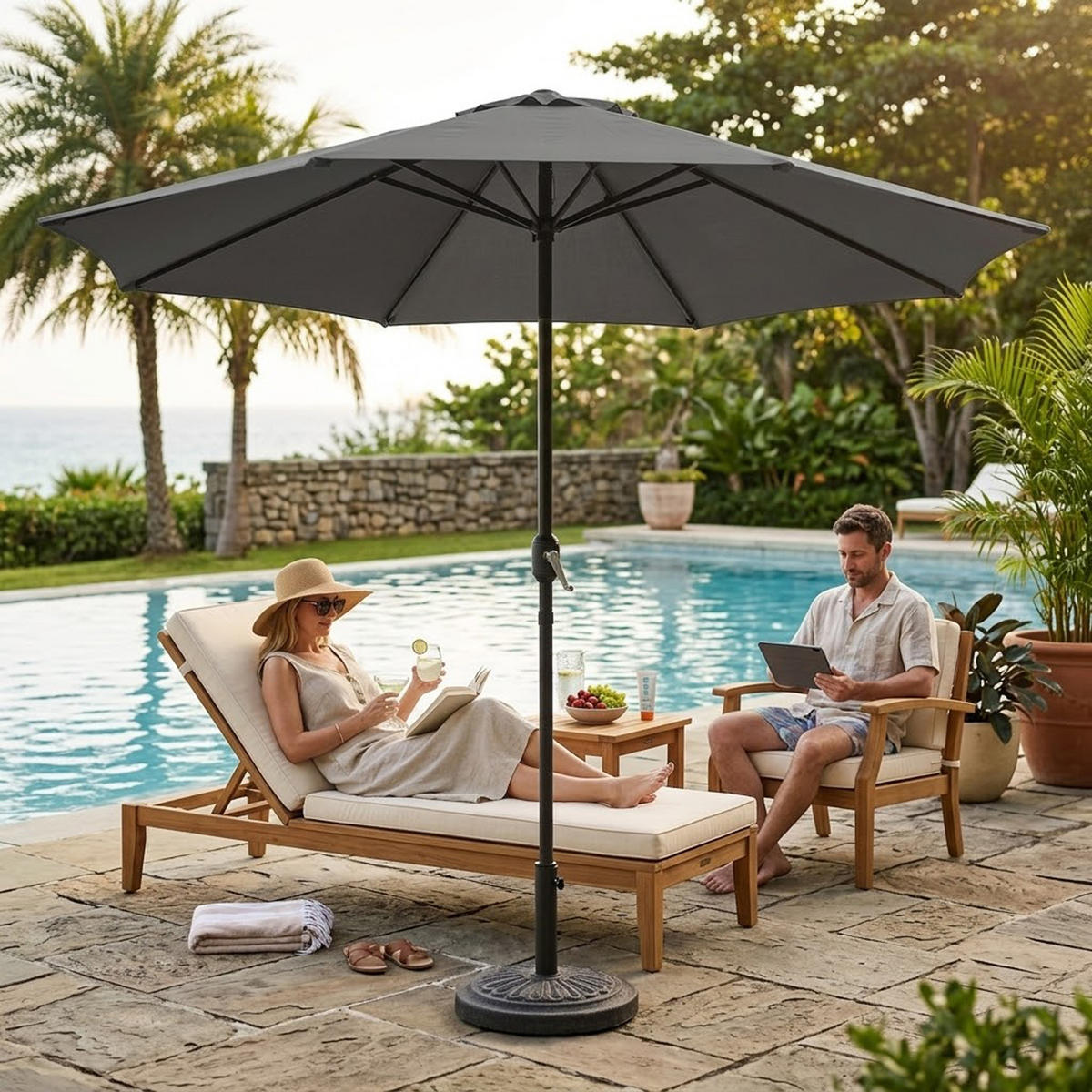 MARKTSCHIRM Macclesfield - grauer Gartenschirm für 300cm Sonnenschutz mit Kurbel und Knick - BxTxH: 300x300x240 cm - Grau, Metall (300/300cm) - TPFGarden