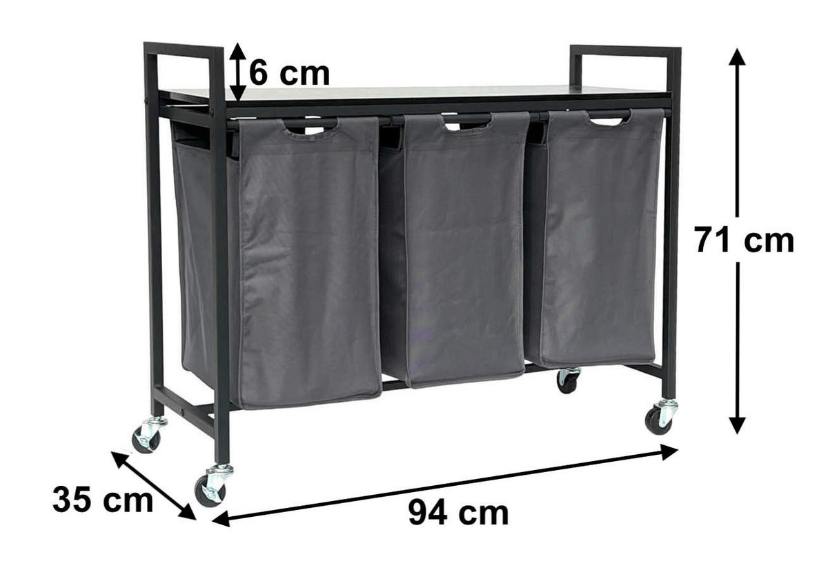 WÄSCHEKORB 3 Fächer mit Ablage Schwarz Metall mit Rollen - Schwarz, Metall (92.5/71/33cm) - DanDiBo