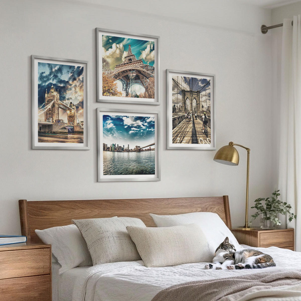 WANDBILDER 4er Set - 50x50 cm & 40x60 cm Silberner Rahmen - Turmbrücken in europäischen Städten - Silberfarben, Kunststoff (50/50cm) - ArtPrintCave