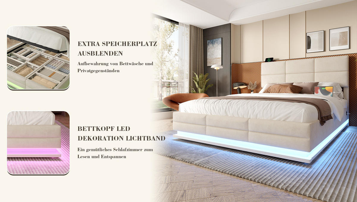 POLSTERBETT 140/200 cm Beige aus Samt mit LED und Stauraum - Beige, Textil (140/200cm) - OKMYHOME