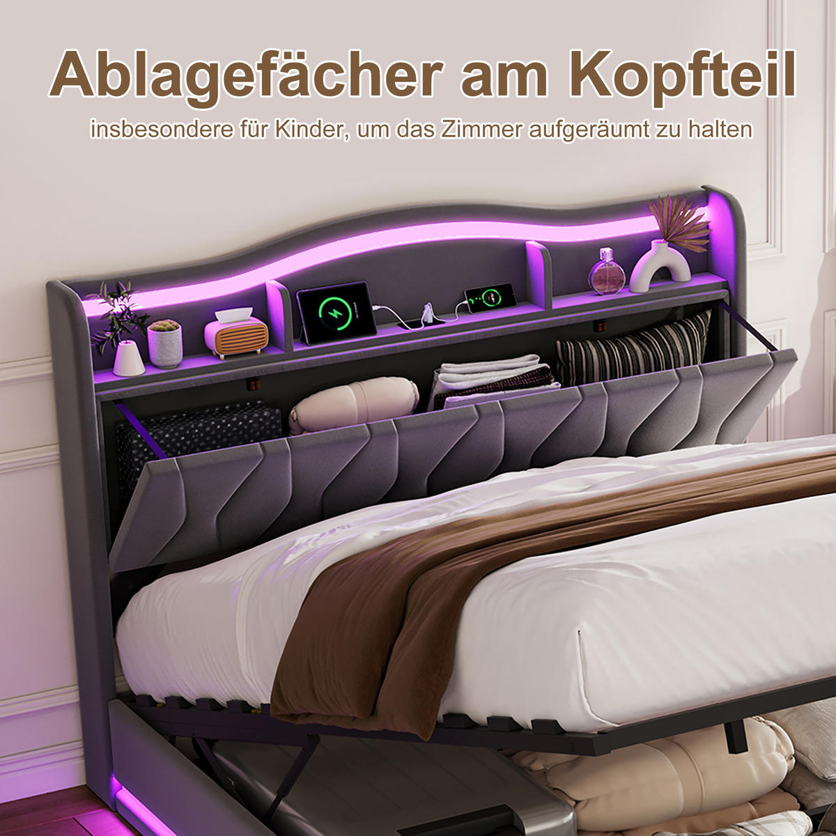 POLSTERBETT 160x200 cm mit Stauraum‑Kopfteil, Hydraulik‑Stauraum, LED und USB‑C Ladeanschlüsse, Velours‑Stoff, grau - Grau, Holz (160/200cm) - BRILVERDE