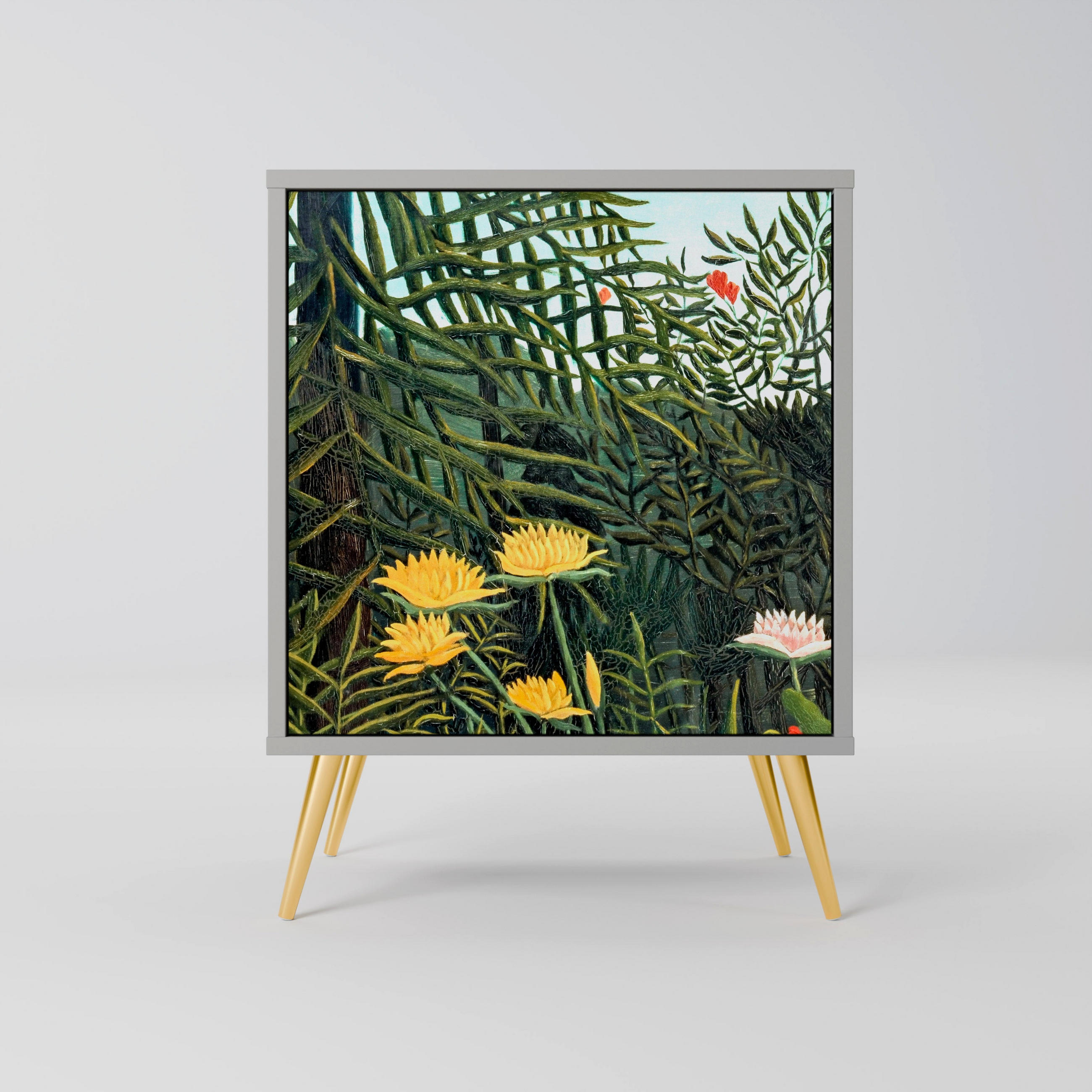 SIDEBOARD VIRGIN FOREST WITH SUNSET, Grau, 57,5x42x75,5 cm, Goldfarbene Metallfüße - Goldfarben/Multicolor, Holzwerkstoff/Metall (57.5/75.5/42cm) - SpaceRebels