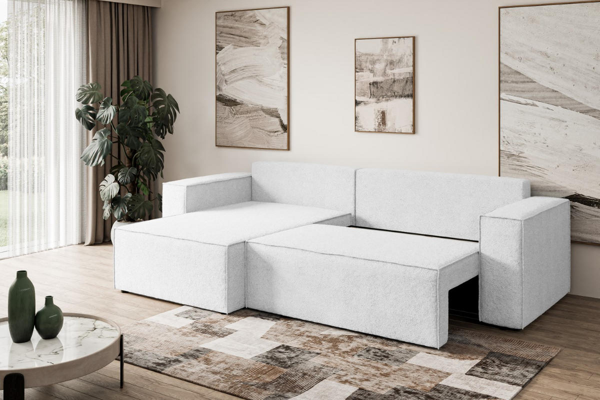 ECKSOFA mit Schlaffunktion und Bettkasten CELTIC-XL - 277x143x83 cm Weiß Bouclé - Schwarz/Weiß, Holzwerkstoff/Kunststoff (277/143cm) - ALTDECOR