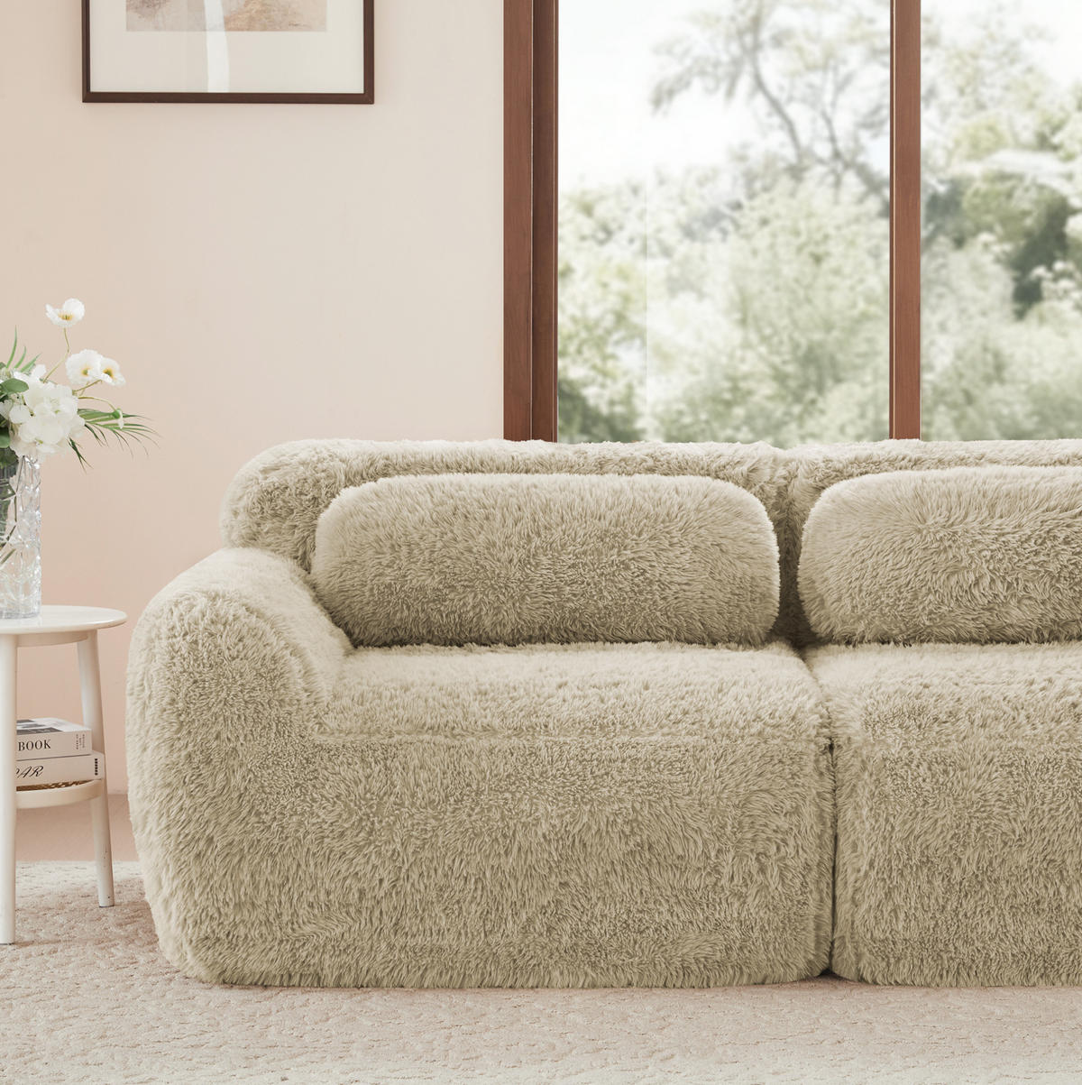 SOFA modulares 2-Sitzer mit 2 Ottomans Plüsch Light Khaki - Braun, Kunststoff (179/73/204cm) - Meubliv