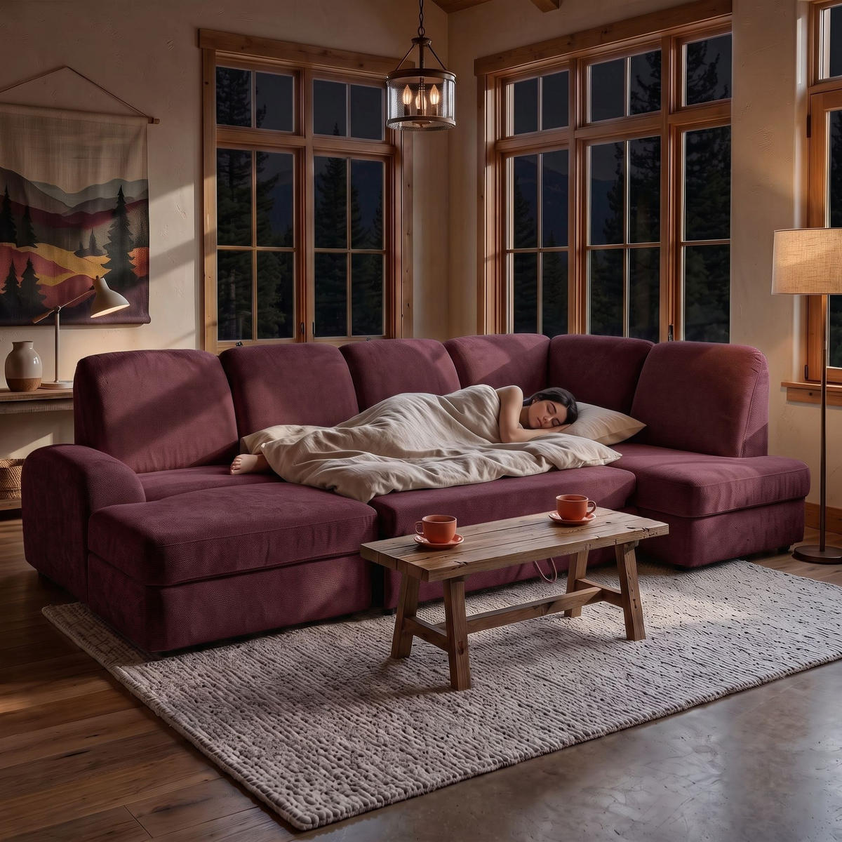 ECKSOFA VIBE U Rechts mit Schlaffunktion 129x263 Chenille Bordeaux - Bordeaux/Schwarz, Holz/Kunststoff (186/102/280cm) - Muffo