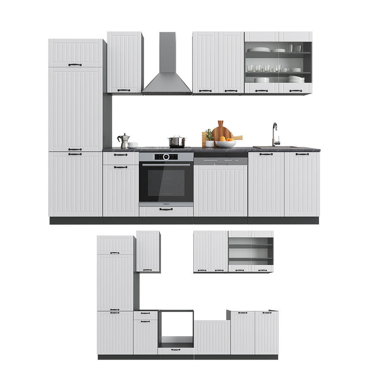 KÜCHENZEILE Fame-Line Weiß Landhaus/Anthrazit 300 cm ohne AP - Anthrazit/Creme, Holzwerkstoff (300/81.6/46cm) - Vicco