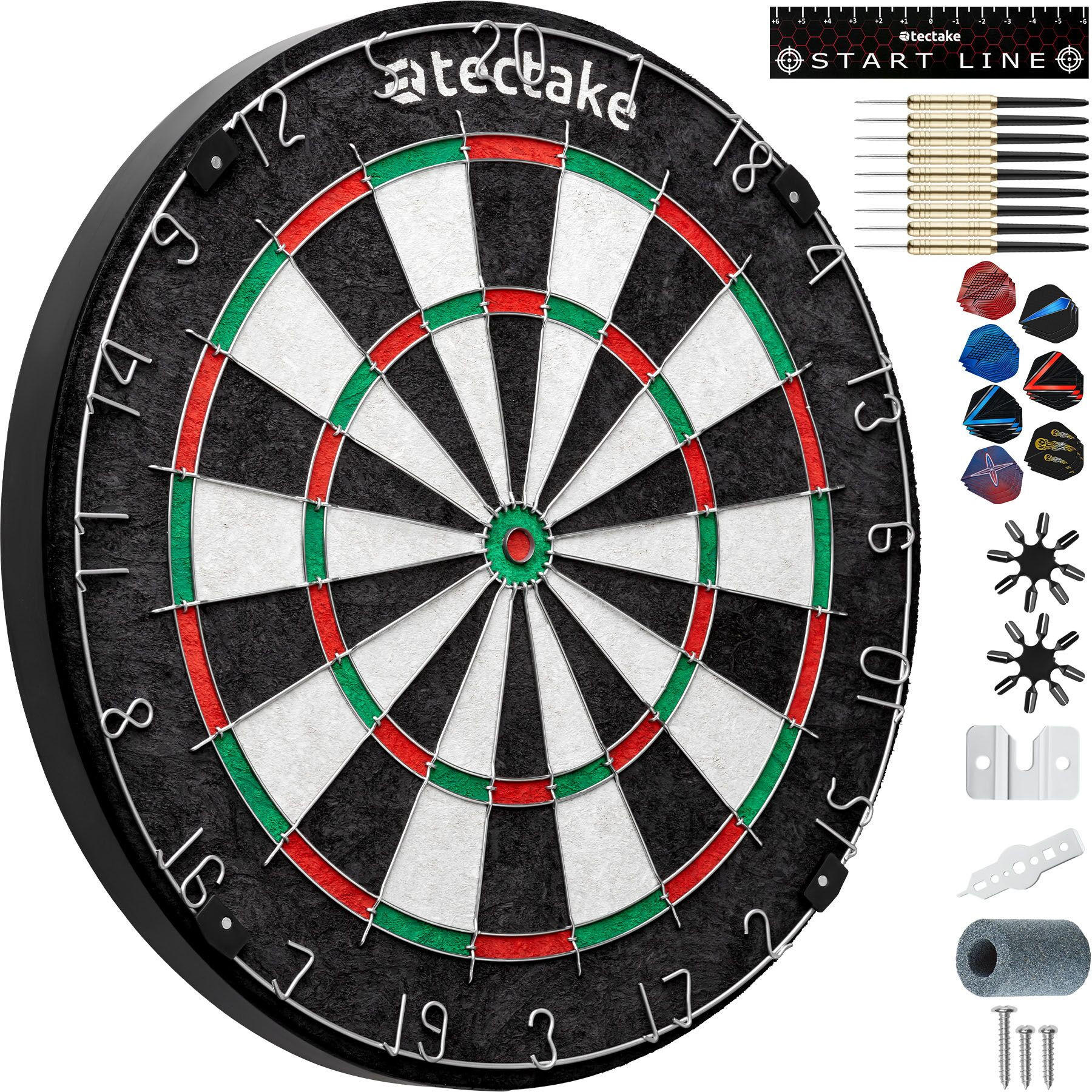 DARTSCHEIBE Bully,Zubehör aus Anspitzer, 16 Flight-Schützern und Startlinie,schwarz/weiß - Schwarz/Weiß, Naturmaterialen (45/45cm) - tectake