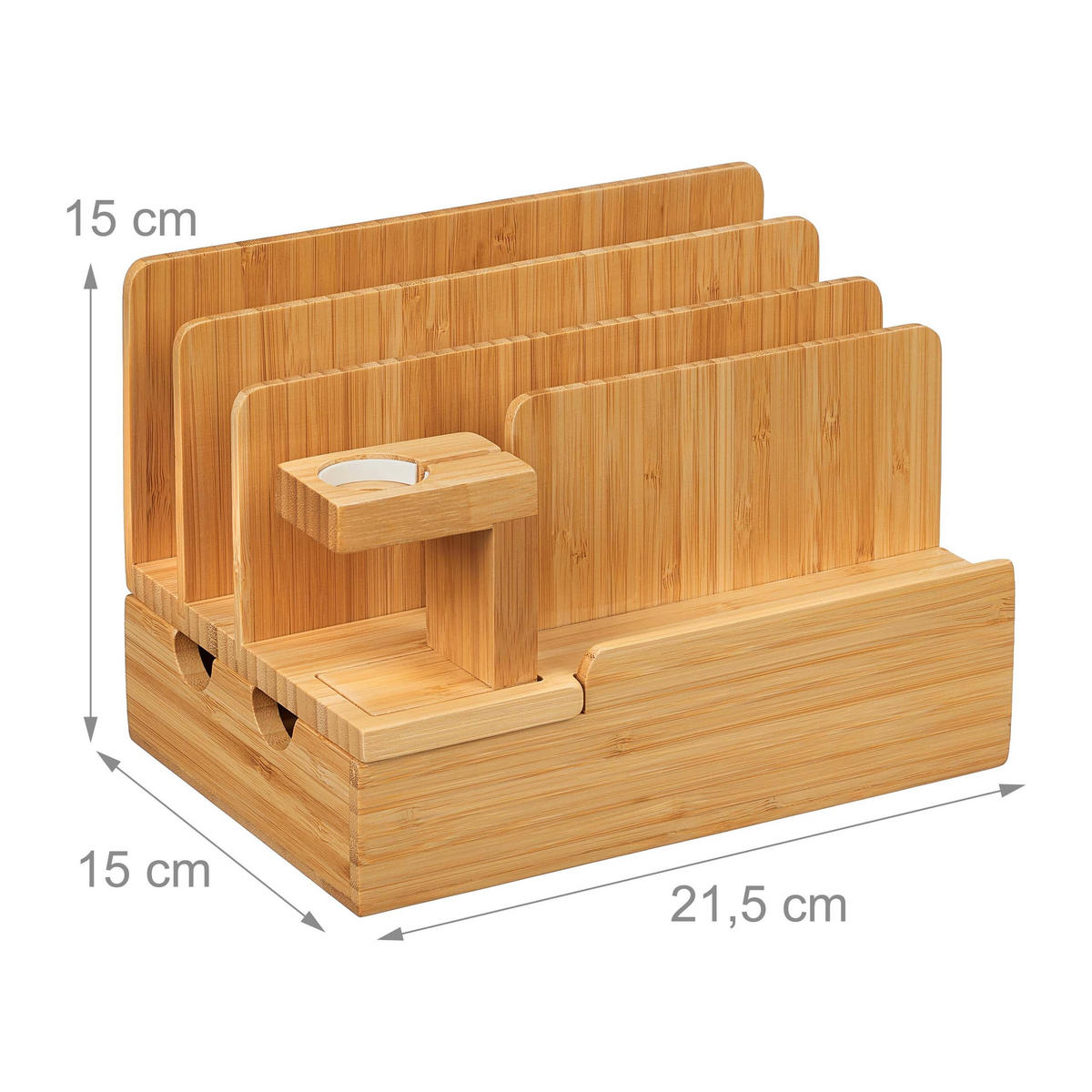 LADDSTATION natur bambu för mobil surfplatta smartklocka - Ljusbrun, Trä (15/21.5/15cm) - Relaxdays