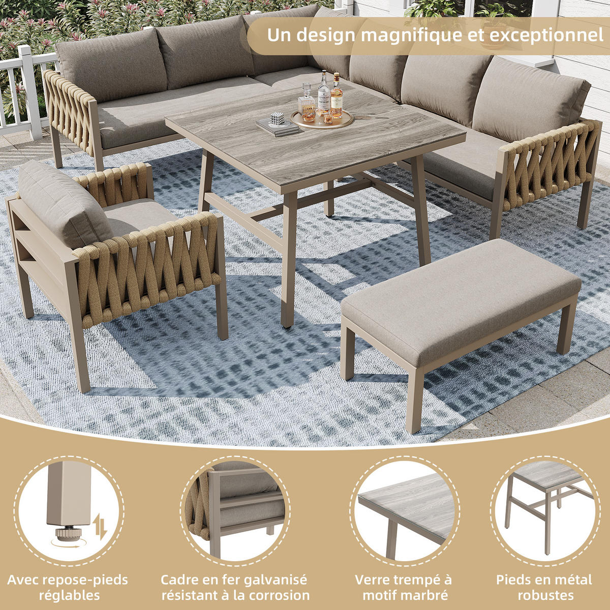 GARTEN-LOUNGESET Ecksofa Set Beige – Seil & Glas - Beige, Metall - ComfortXL
