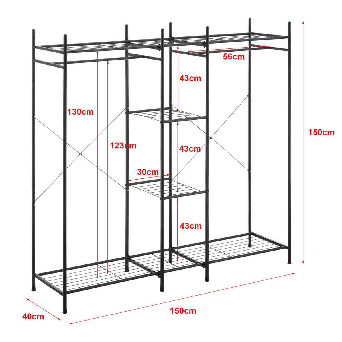 GARDEROBENSTÄNDER - Schwarz, Metall (150/150/40cm) - [en.casa]