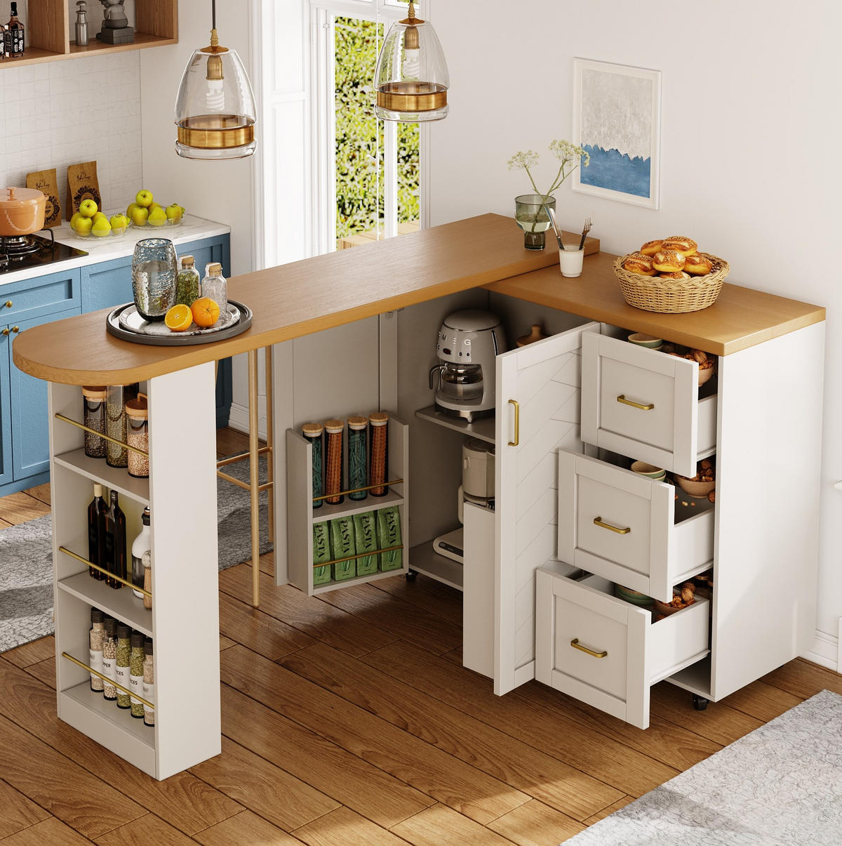 KÜCHENINSEL aus MDF 135-228x39x104 cm Weiß mit 2 Türen, 3 Schubladen, Rollen und ausziehbarer Arbeitsplatte - Weiß, Holzwerkstoff (39/104/135cm) - Modfu