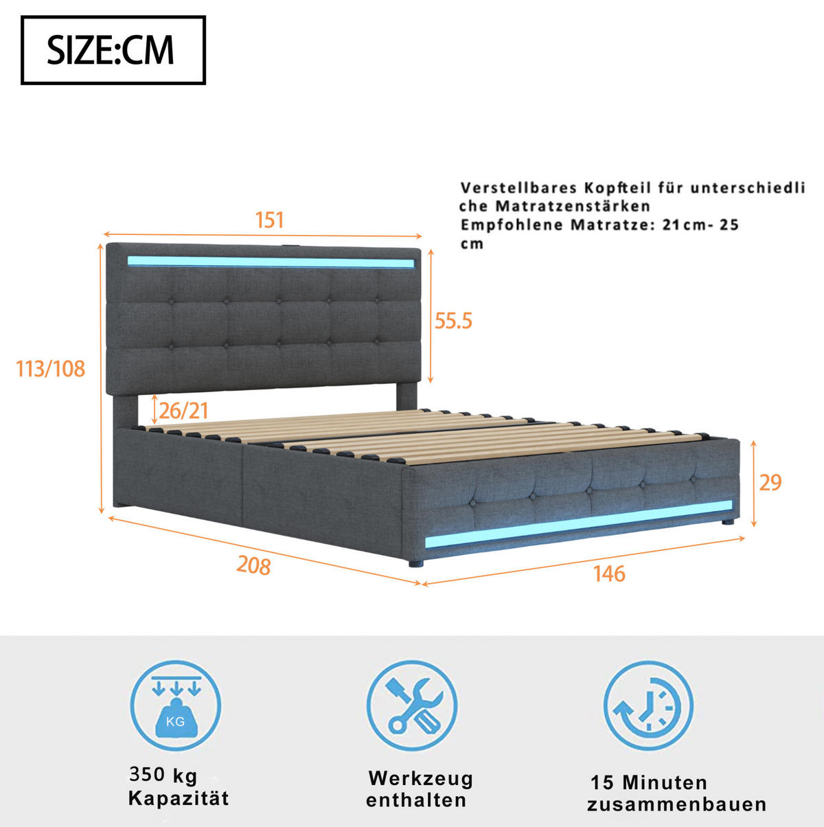 POLSTERBETT 140/200 cm grau mit LED-Beleuchtung und 4 Schubladen - Grau, Textil (140/200cm) - OKWISH