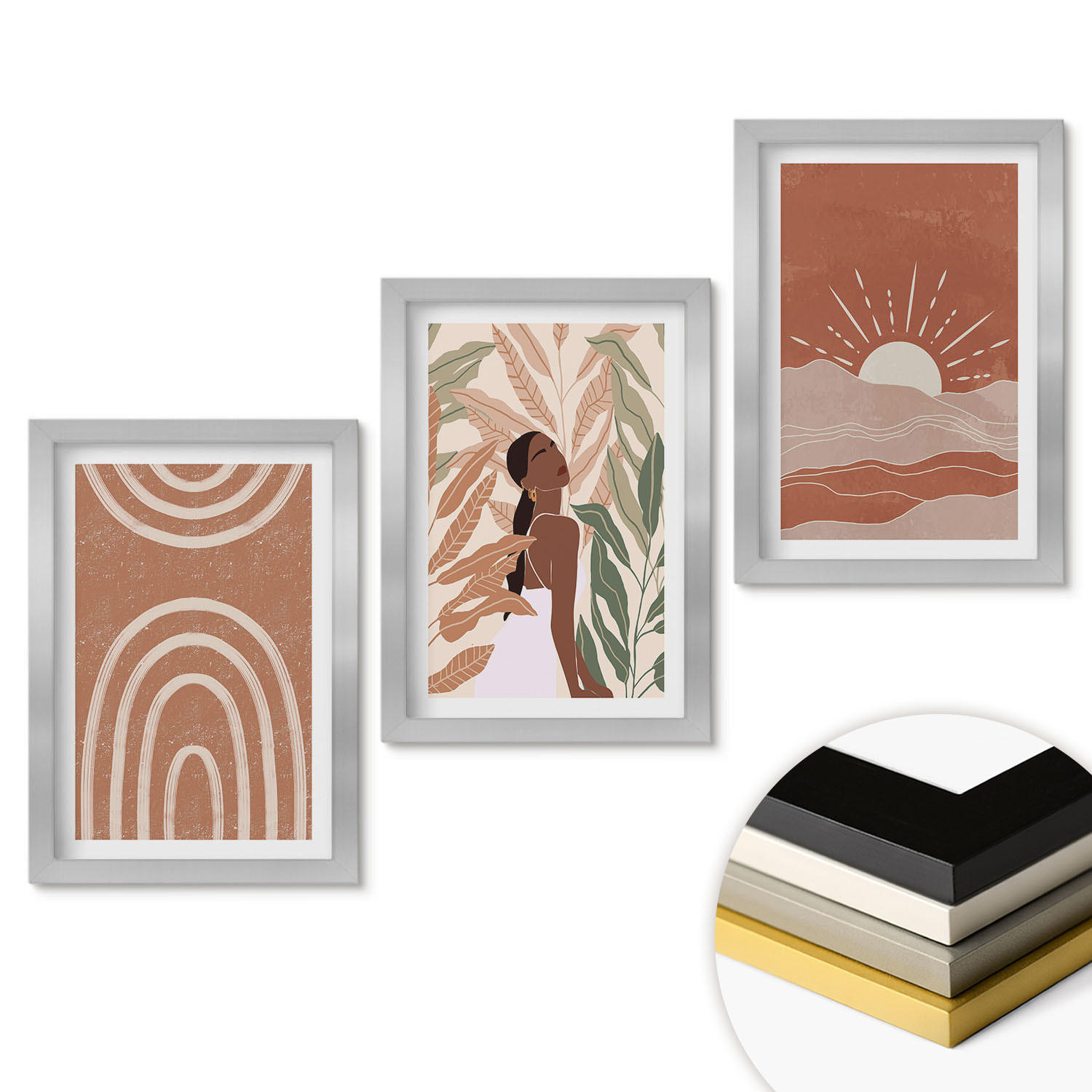 WANDBILDER 3er Set - 20x30 cm Silberner Rahmen - abstrakte Formen im Boho-Stil - Silberfarben, Kunststoff (20/30cm) - ArtPrintCave