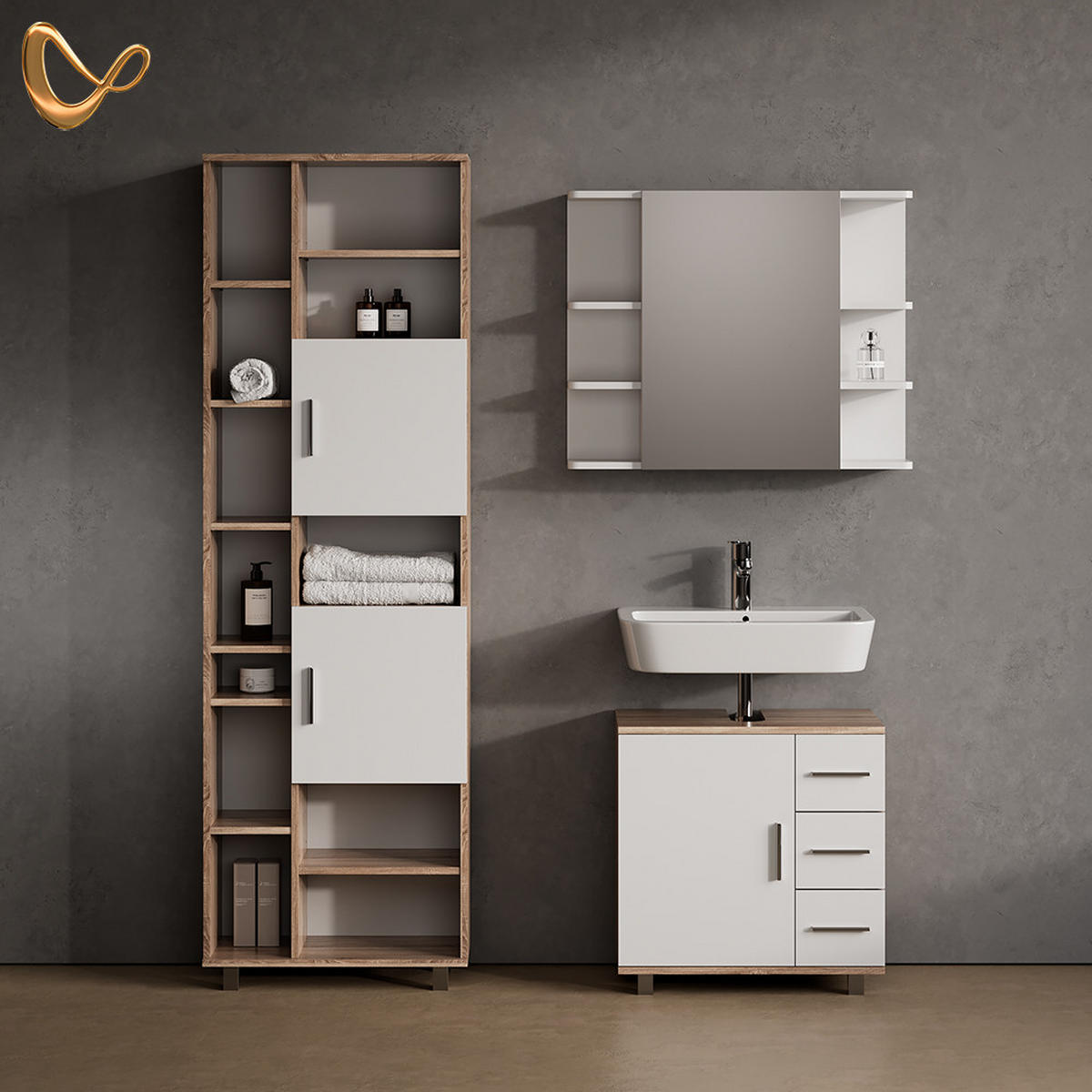 BADSCHRANK Eisak Sonoma 60 x 190 cm - Braun/Sonoma Eiche, Holzwerkstoff (60/190/30cm) - Livinity®