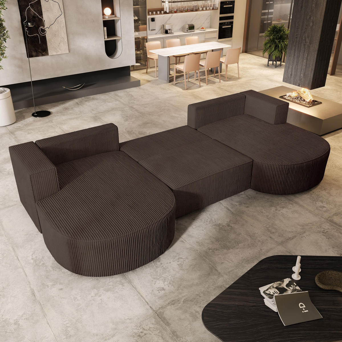 WOHNLANDSCHAFT VEZZO P Braun Kordstoff mit Schlaffunktion - Braun, Holz (347/85/174cm) - MASSENO