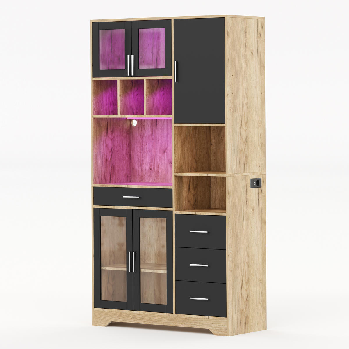 BUFFET 100/40/185 cm Natürlich mit farbwechselnde LED-Leuchten und 4 Schubladen - Naturfarben, Holz (100/185/40cm) - Oxeza