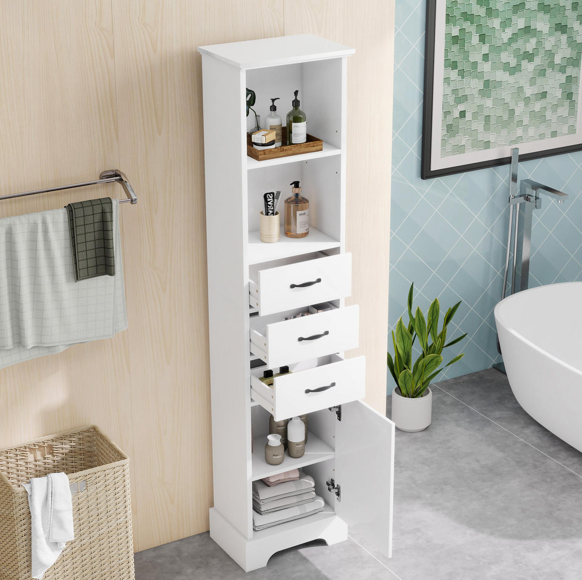 BADEZIMMERSCHRANK mit 3 Schubladen 38 x 26 x 172,5 cm Weiß - Weiß, Holzwerkstoff (26/172.5/38cm) - Beauniv
