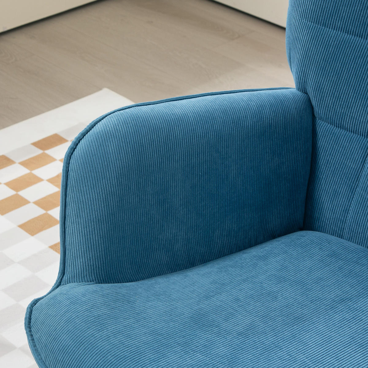 AKZENTSESSEL DE-07537 mit Hocker, Cord-Optik und Holzbeinen Blau - Blau, Textil (80/101/72cm) - ComfortXL