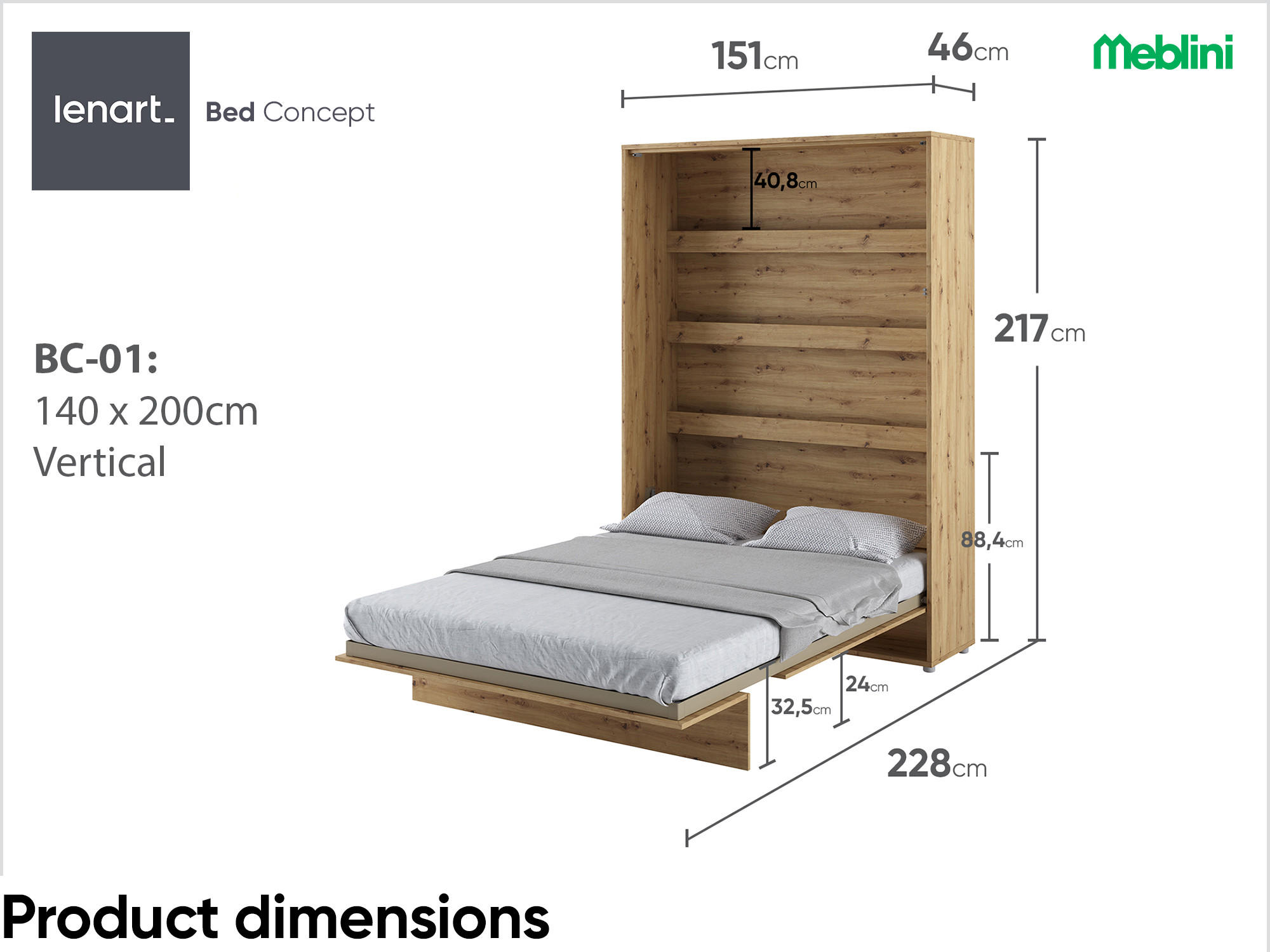 SCHRANKBETT BC-01 - 140x200cm Vertikal - Artisan Eiche mit Matratze - Eiche Artisan, Holzwerkstoff (140/200cm) - Meblini