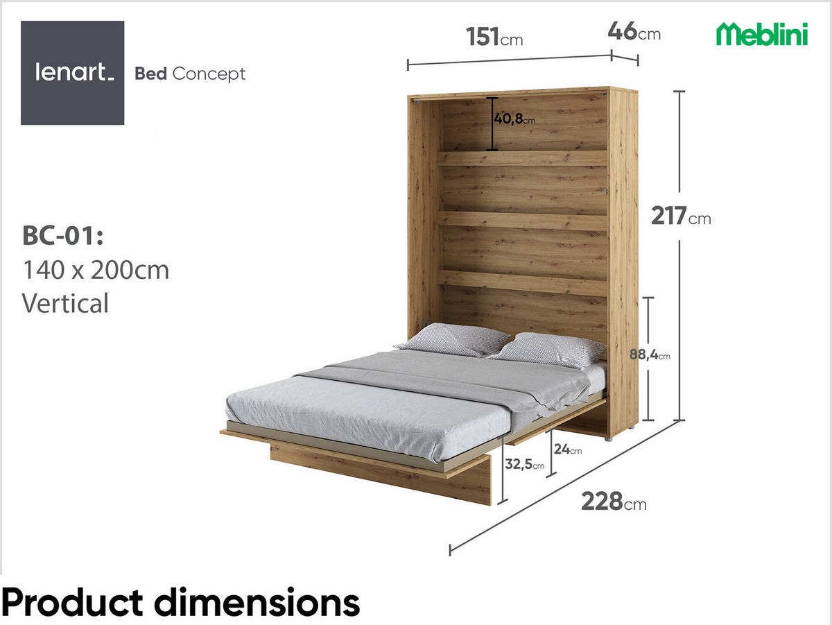 SCHRANKBETT BC-01 - 140x200cm Vertikal - Artisan Eiche - Eiche Artisan, Holzwerkstoff (140/200cm) - Meblini